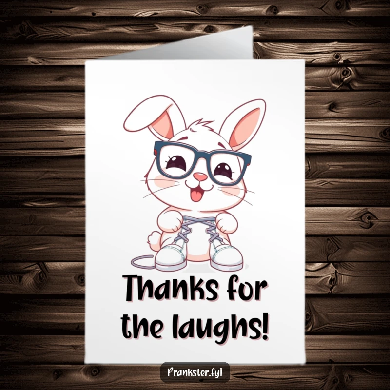 Funny Free Printable Thank You Card: Rabbit in oversized glasses tying shoelaces together, playful thank you humor.