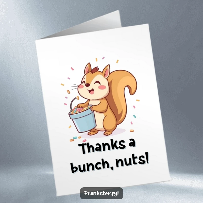 Funny Free Printable Thank You Card: A playful squirrel about to toss a bucket of confetti upwards, expressing thanks with flair.
