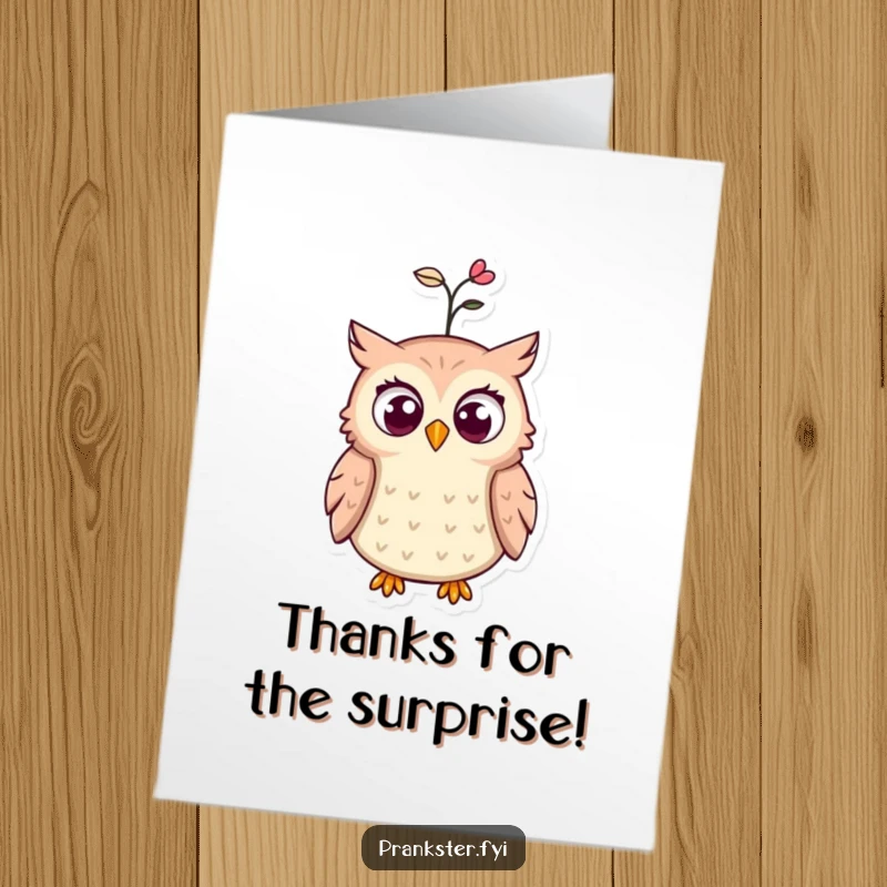 Funny Free Printable Thank You Card: Wide-eyed owl with a spring hat popping, a surprised expression of thanks.