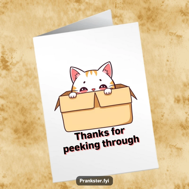 Funny Free Printable Thank You Card: A delighted cat hides in a box, its eyes peeking out, sending thanks.