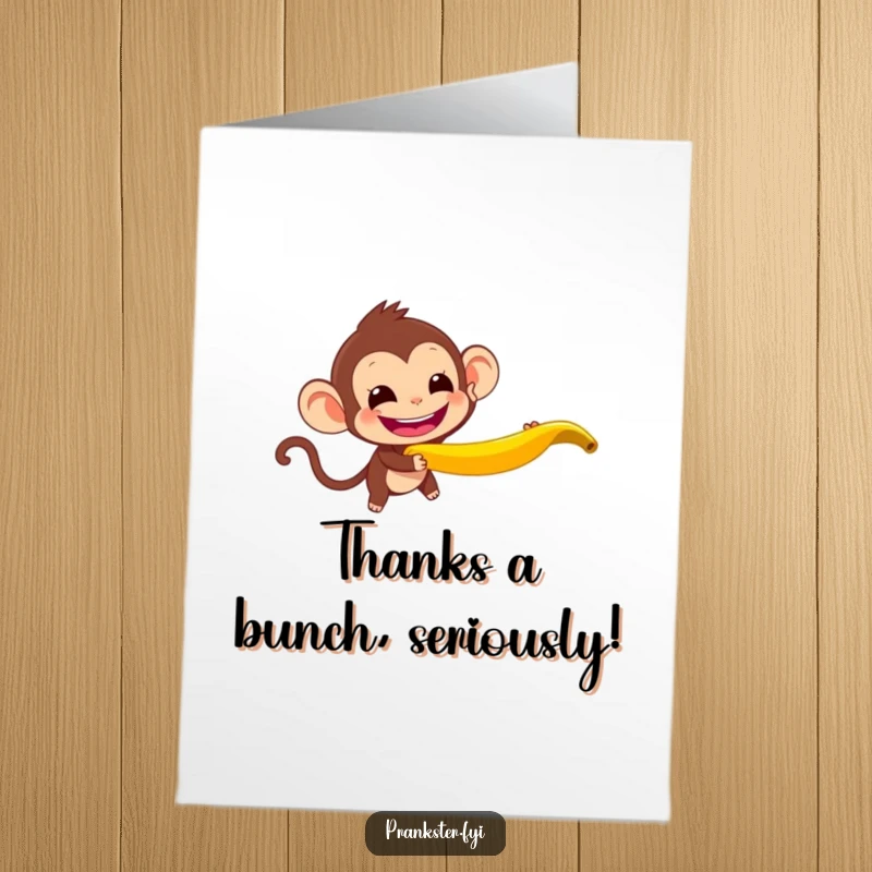 Funny Free Printable Thank You Card: A grinning monkey playfully throws a banana peel, offering thanks with a mischievous twist.