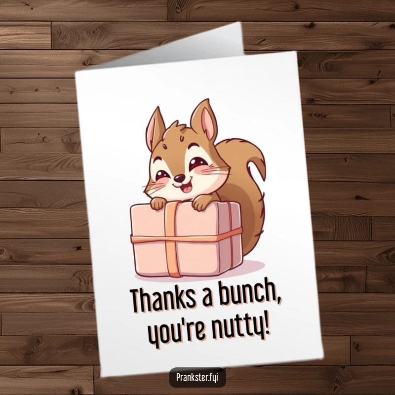 Funny Free Printable Thank You Card: Giggling squirrel hiding a surprise gift, expressing thanks.