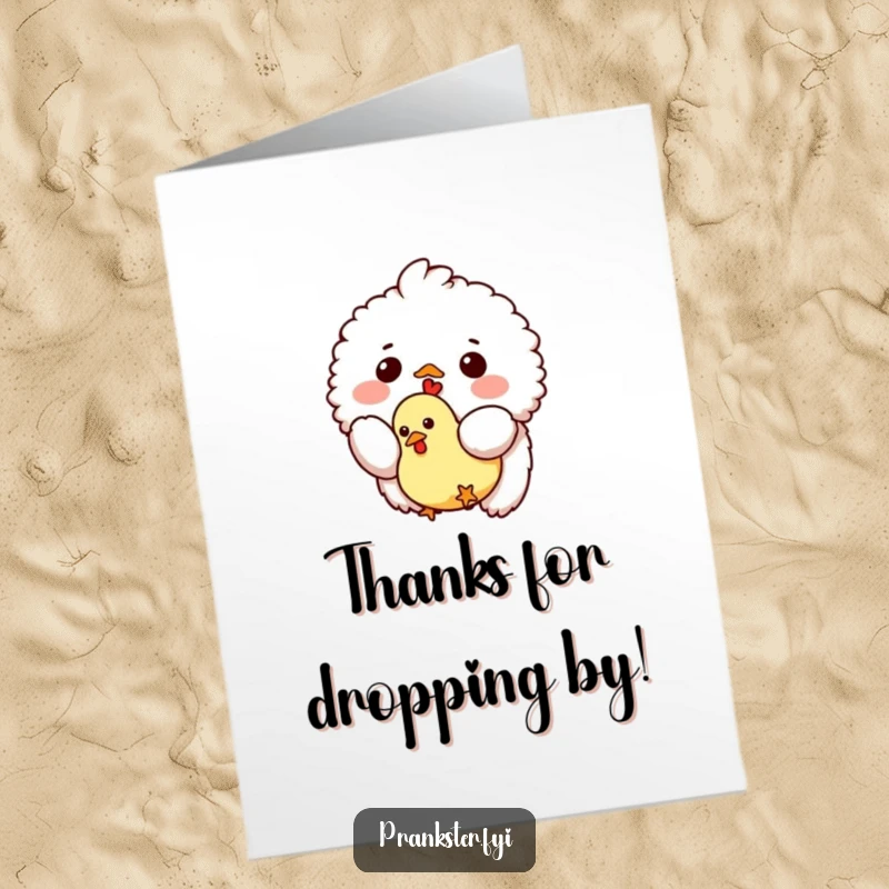 Funny Free Printable Thank You Card: a fluffy creature humorously dropping a rubber chicken, conveying thanks in a lighthearted way.