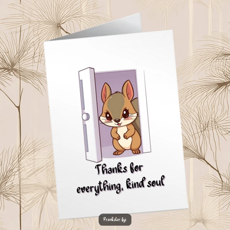 Funny Free Printable Thank You Card: A squirrel peeking through a crack in a door, perhaps looking for a thank you treat.