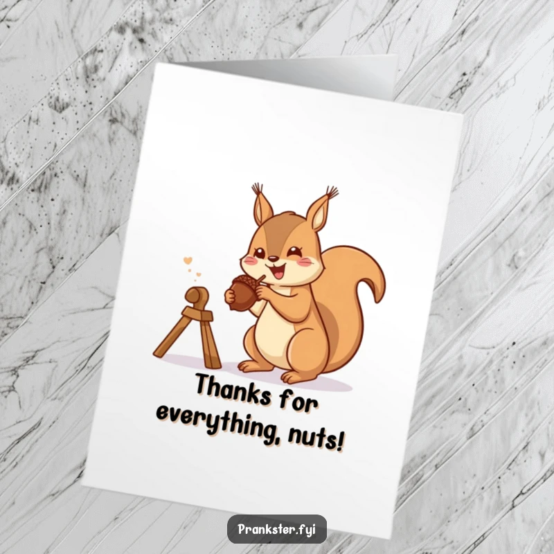 Funny Free Printable Thank You Card: A squirrel launching an acorn from a slingshot, a spirited and funny thanks.