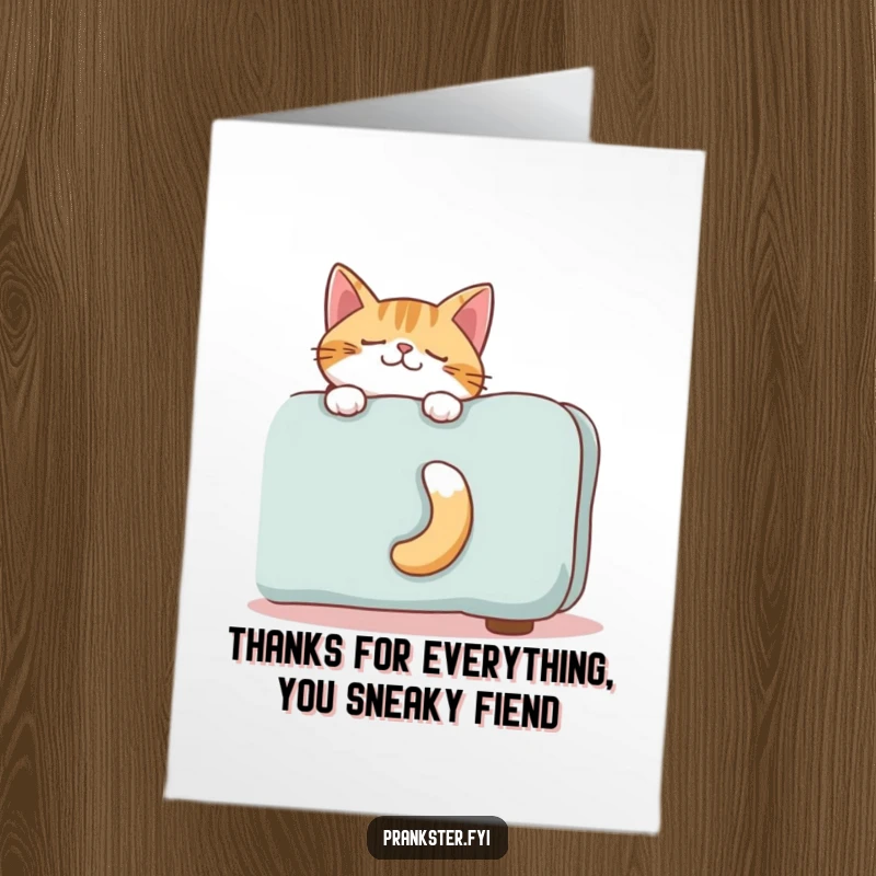 Funny Free Printable Thank You Card: Giggling cat's tail emerging from behind a sofa, a playful expression of thanks.