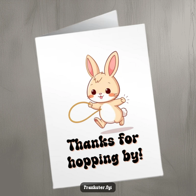 Funny Free Printable Thank You Card of a playful bunny hopping, a string tied to its tail, a visual gag.