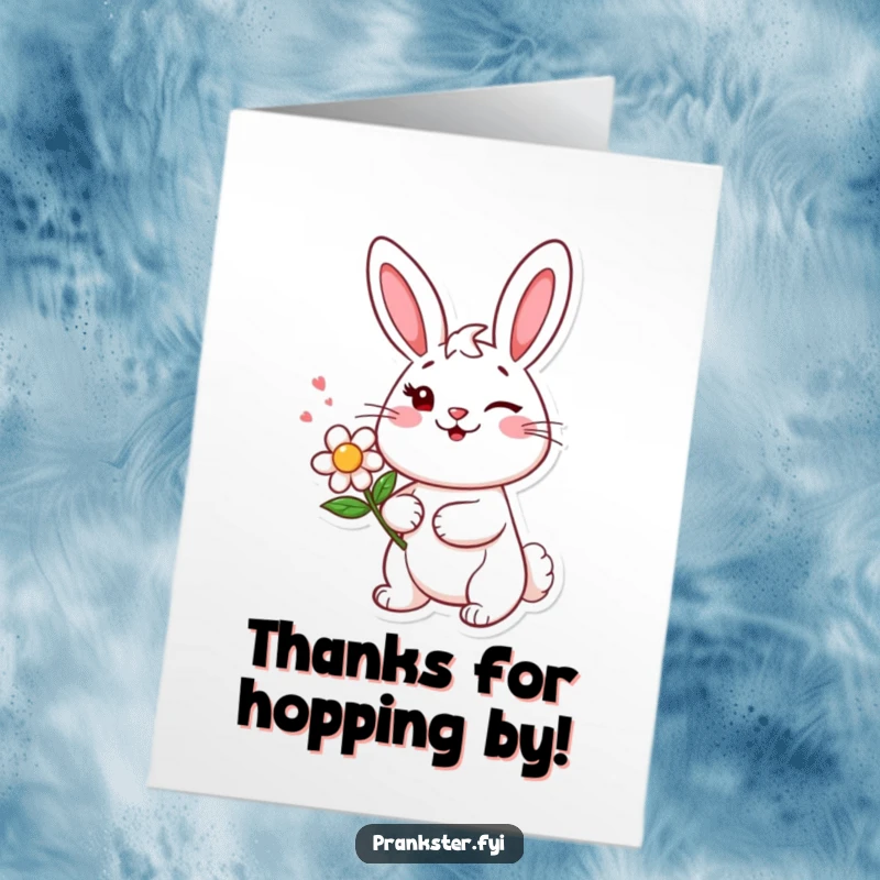 Funny Free Printable Thank You Card: Bunny winks mischievously, holding a prank squirting flower.