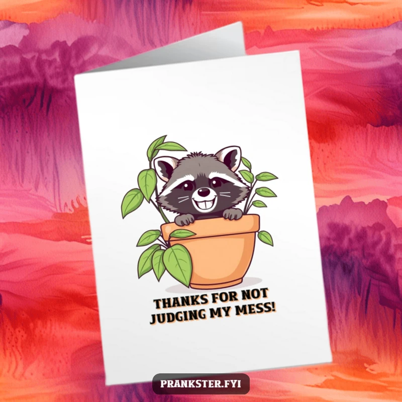Funny Free Printable Thank You Card: Grinning raccoon in disguise peeking from behind a plant, expressing thanks.