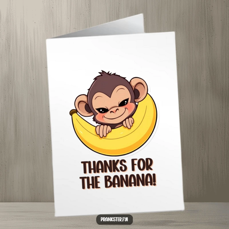 Funny Free Printable Thank You Card: Mischievous monkey peeking from behind a banana peel, offering thanks with a sly, playful grin. Unique and funny.