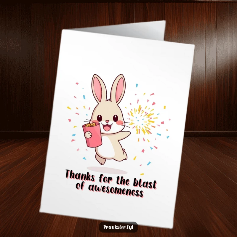 Funny Free Printable Thank You Card: Cheerful rabbit hops away from an exploding confetti popper, a joyful way to say thanks.