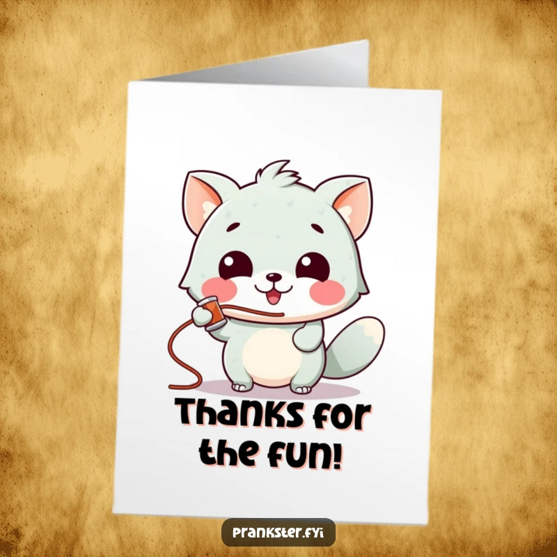 Funny Free Printable Thank You Card with a gleeful animal character spraying silly string from a can.