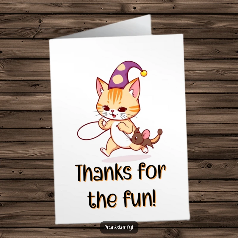 Funny Free Printable Thank You Card: Cat jester hat, tripping a mouse with string, playful thank you humor.