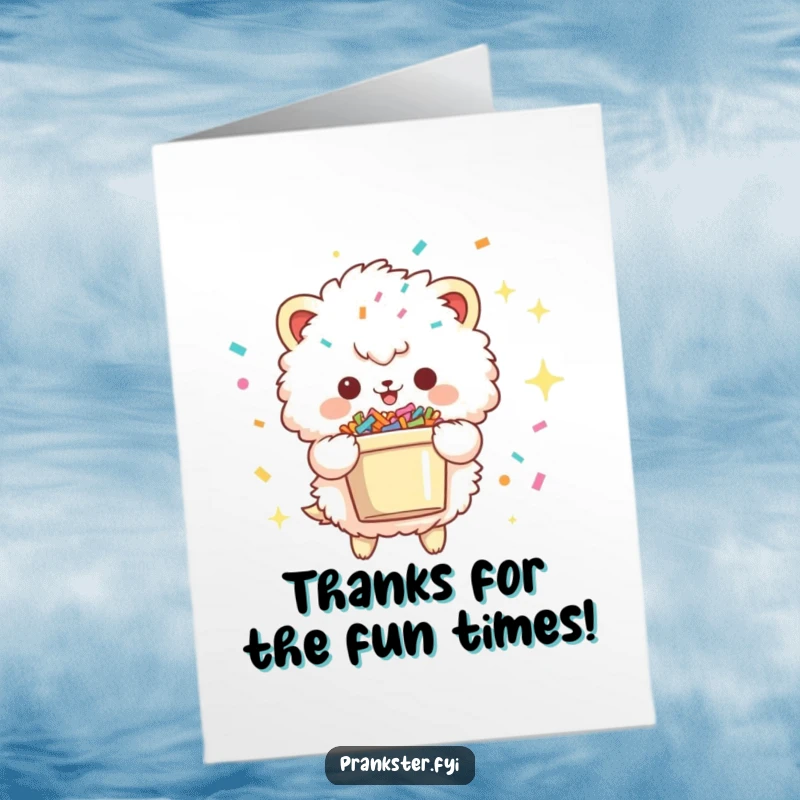 Funny Free Printable Thank You Card: a fluffy creature gleefully scattering confetti from a bucket, expressing heartfelt thanks.