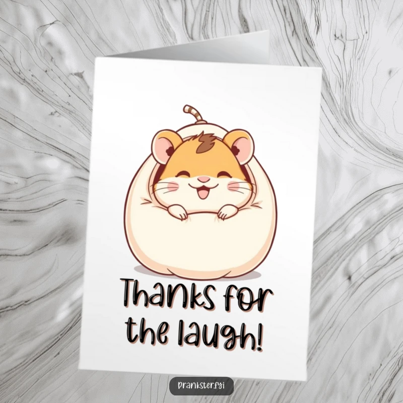 Funny Free Printable Thank You Card: A hamster giggles while peeking out from a whoopee cushion, offering a humorous thank you.
