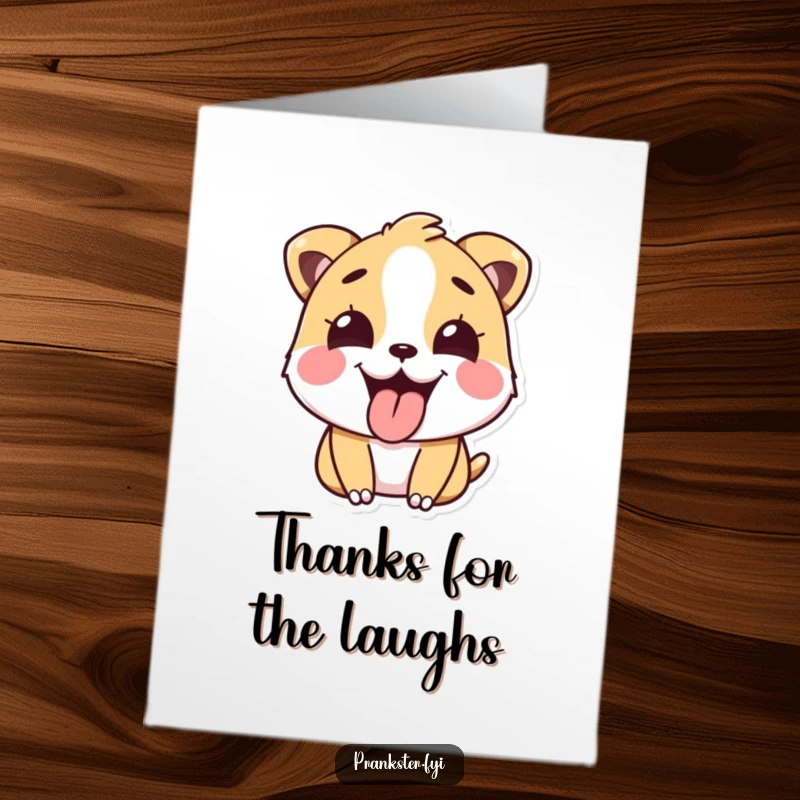 Funny Free Printable Thank You Card: Happy animal sticking out tongue playfully after a prank, expressing cheeky gratitude.