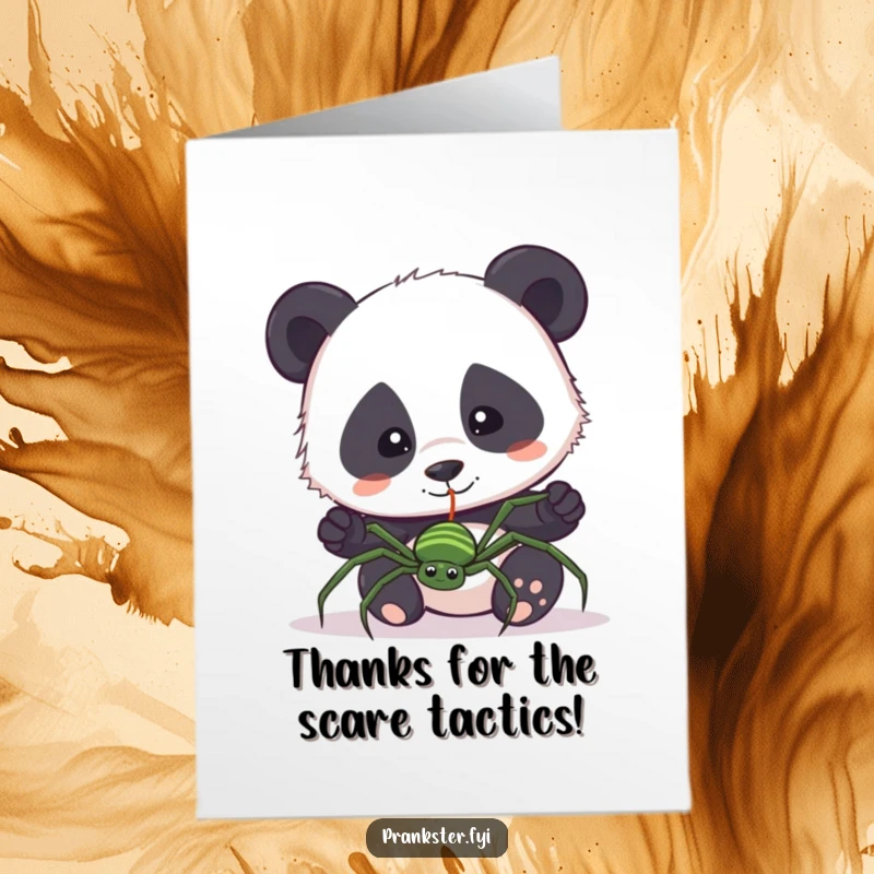 Funny Free Printable Thank You Card: Panda surprised by a fake spider, conveying thanks with humor, a unique downloadable gift.