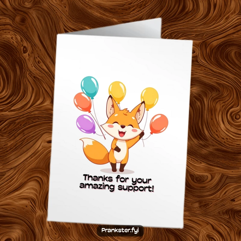 Funny Free Printable Thank You Card: Smiling fox juggles numerous colorful balloons with glee.