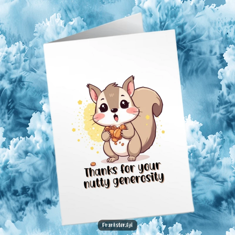 Funny Free Printable Thank You Card: Squirrel looking surprised, nuts tumbling out, with a background of glittering chaos, showing thanks.