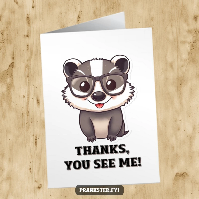 Funny Free Printable thank you card of a happy badger peering through large, comical glasses, offering sincere thanks.