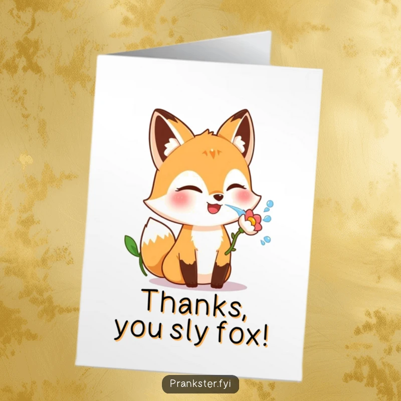 Funny Free Printable Thank You Card: A giggling fox character playfully winks while about to squirt water from a flower, expressing thanks.