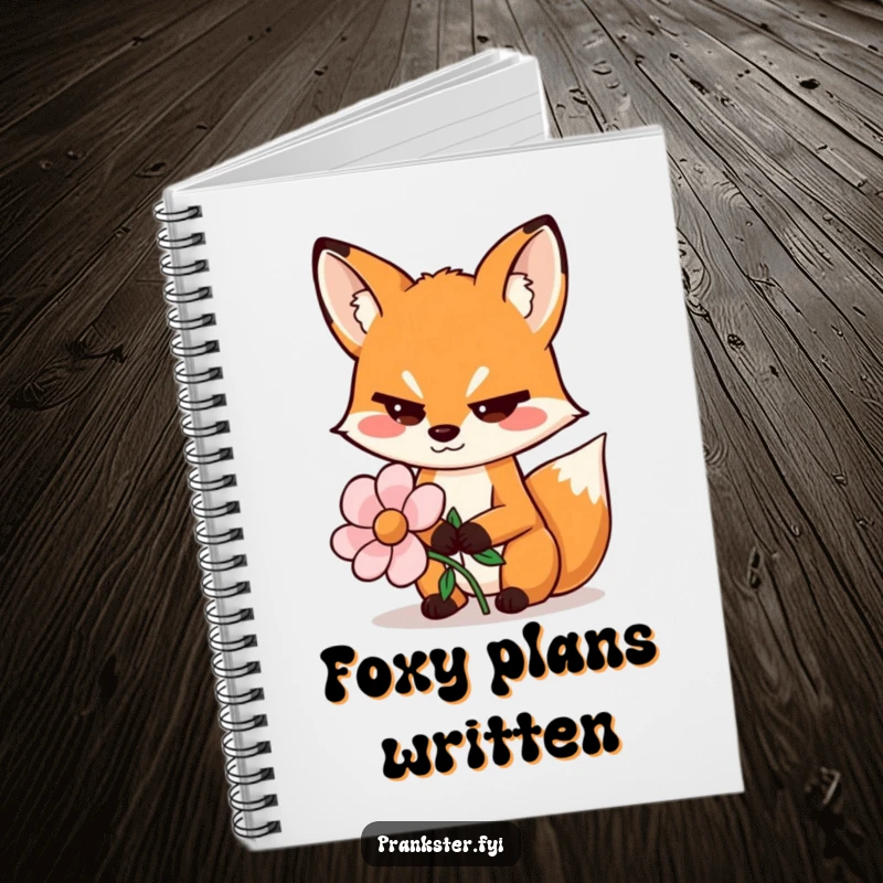 Funny notebook cover with a sly fox wiggling its eyebrows and holding a fake flower, suggesting clever plans.