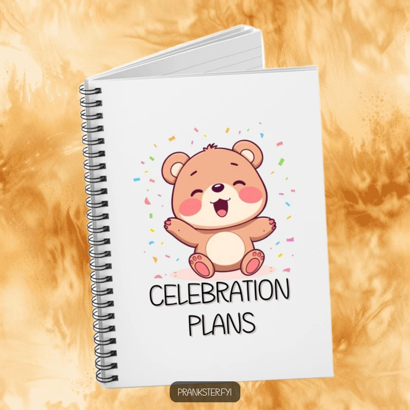Funny notebook featuring a delighted bear character joyfully tossing confetti, ideal for planning celebrations and happy thoughts.