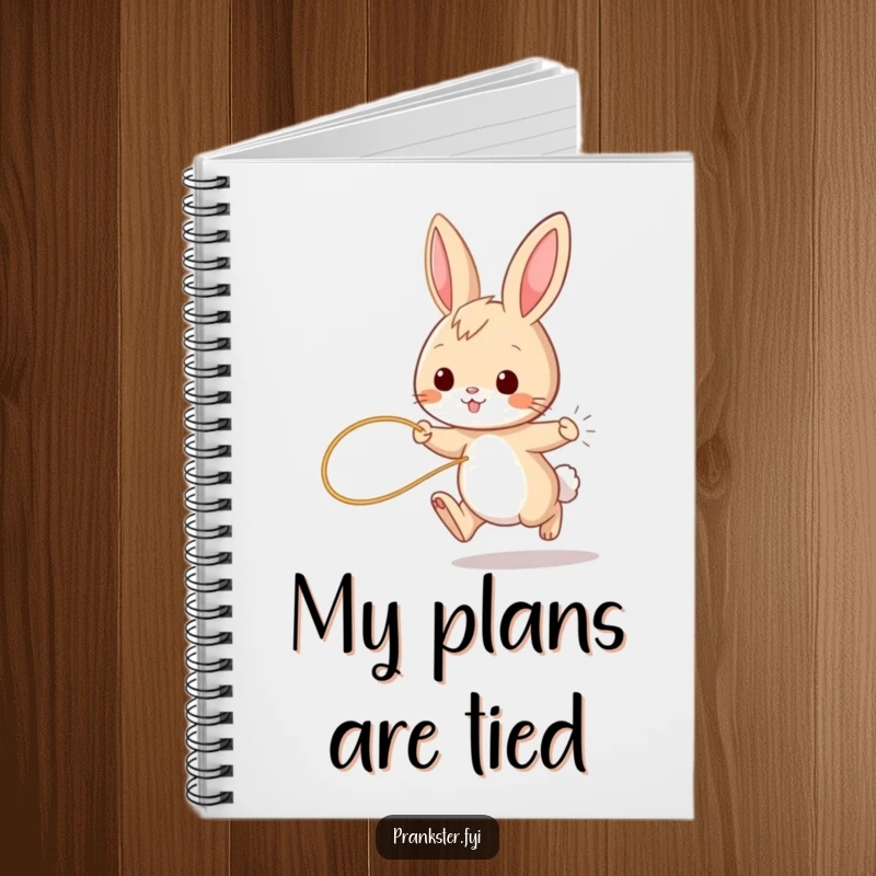 Funny bunny notebook, journal with a playful rabbit hopping, string tied to tail, for writing notes and ideas.