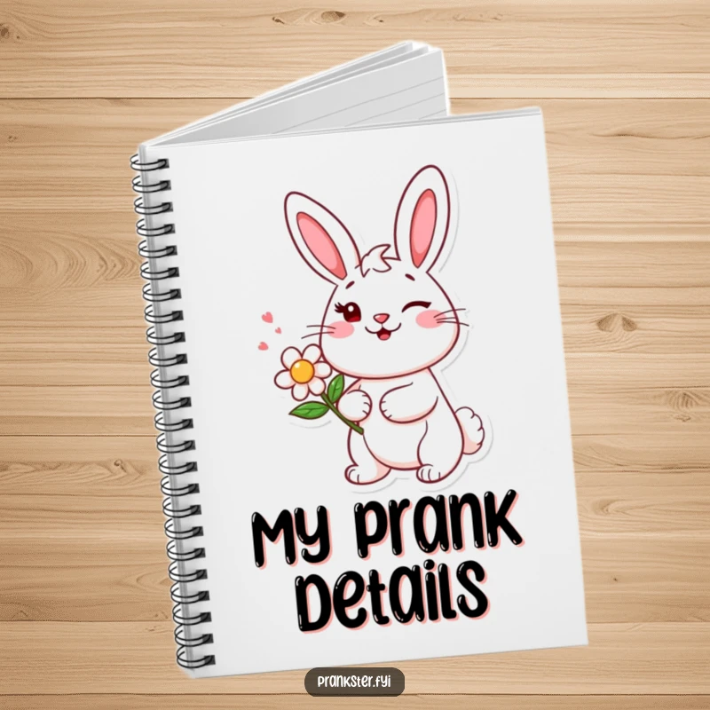 Funny notebook displaying a cheerful bunny character winking and holding a squirting flower, ideal for humorous note-taking.
