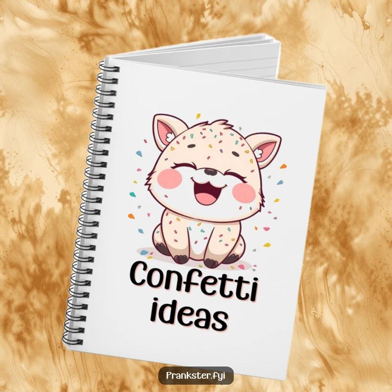 Funny notebook featuring a laughing animal character covered in confetti, with mischievous sparkling eyes, ideal for festive notes.