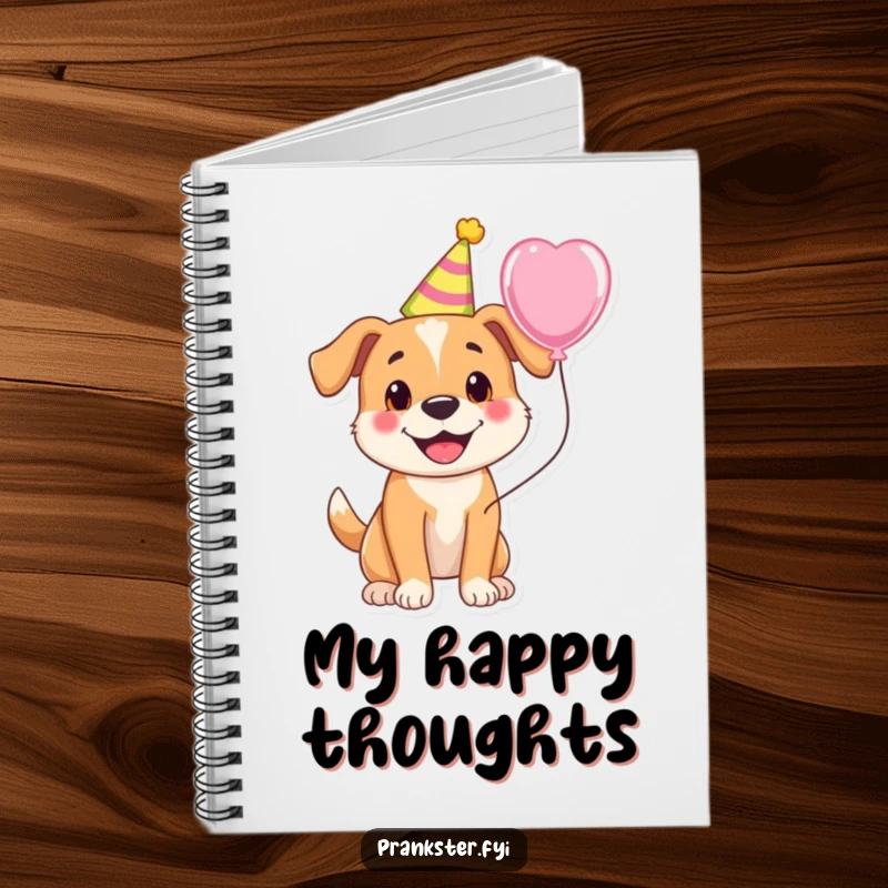 Funny notebook featuring a cheerful dog in a party hat holding a balloon, perfect for jotting down happy ideas.