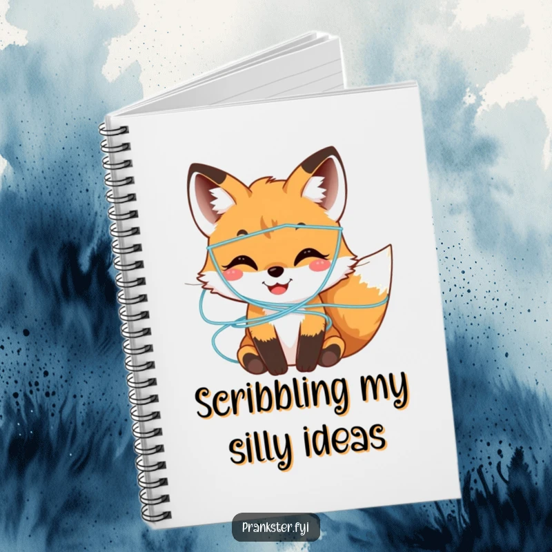Funny Notebook cover featuring a smiling fox cub playfully covered in silly string, inspiring fun and creativity.