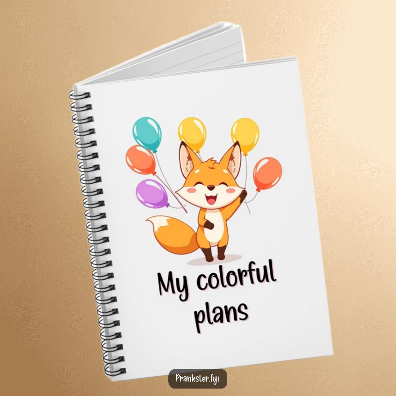 Funny notebook displaying a happy fox character juggling colorful balloons, ideal for humorous note-taking and idea organization.