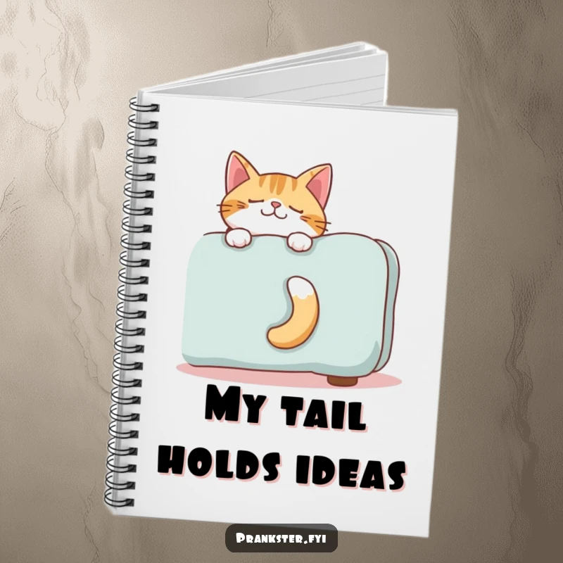 Funny notebook cover with a giggling cat's tail peeking from behind furniture, suggesting secret thoughts and humor.