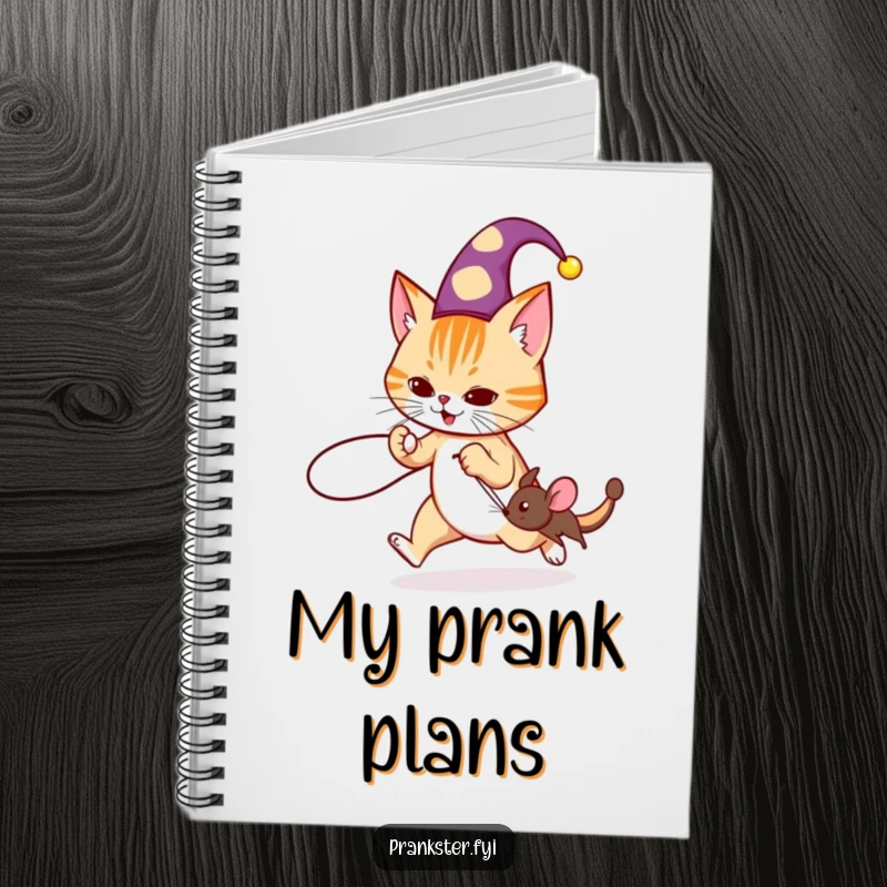 Funny jester cat notebook with a cat in a hat planning to trip a mouse with a string, great for notes.