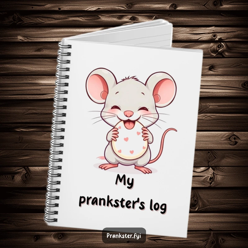 Funny Notebook cover featuring a mischievous mouse gleefully holding a tiny whoopee cushion, inspiring playful mischief.