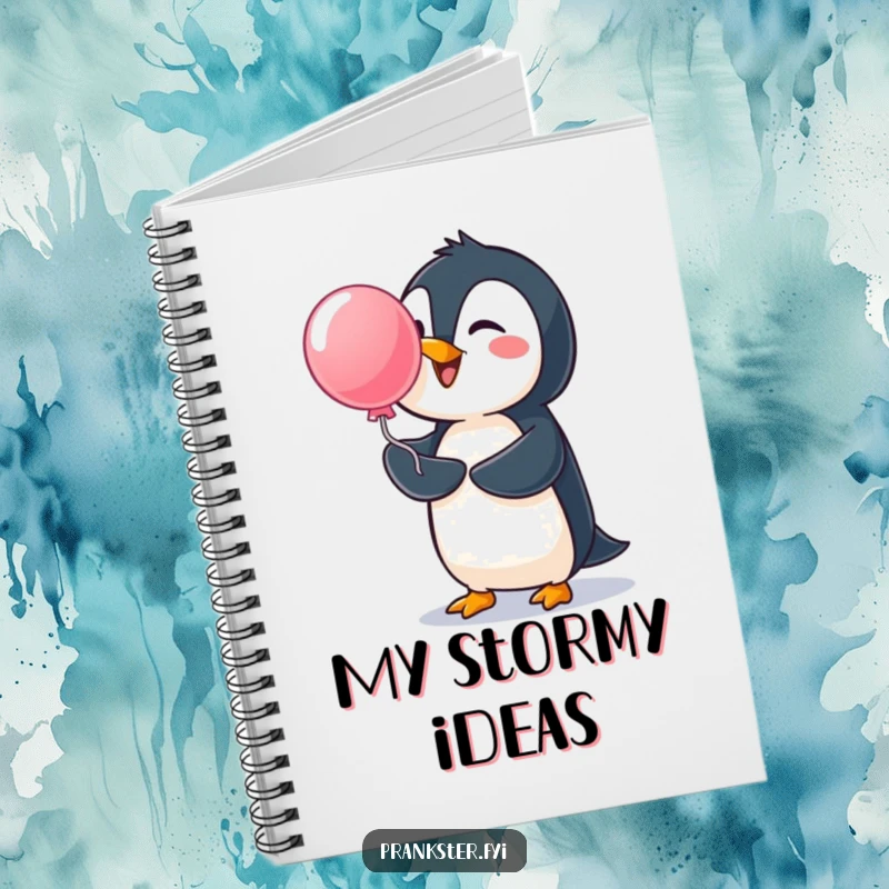 Funny penguin notebook, journal with a cheerful penguin launching a water balloon, for writing notes and ideas.