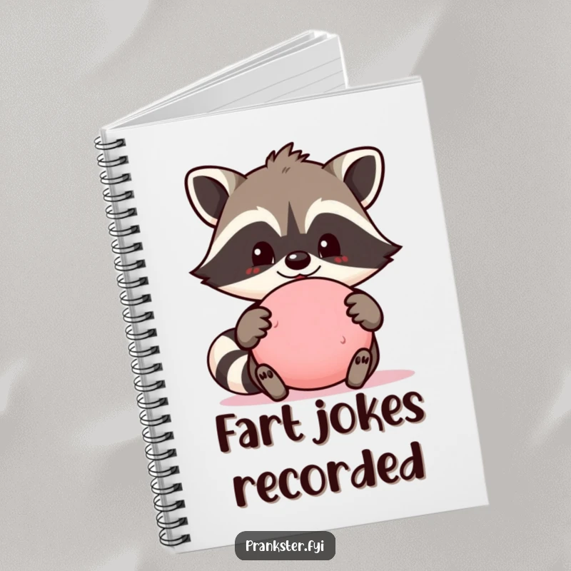 Funny notebook with a proud raccoon character holding a whoopee cushion, perfect for jotting down notes, plans, or hilarious ideas.