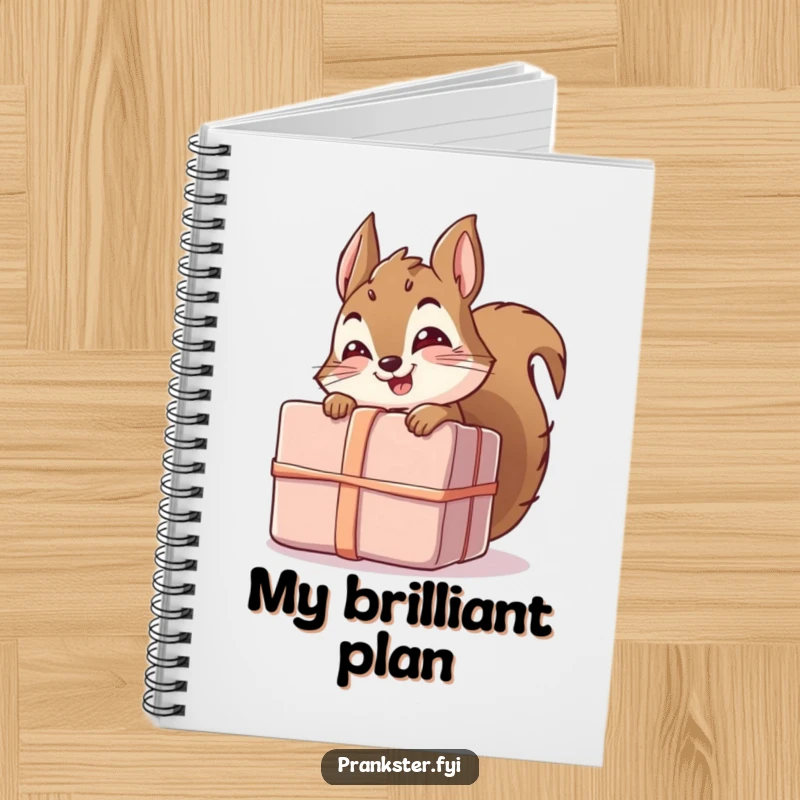 Funny notebook displaying a giggling squirrel character peeking from behind an unwrapped gift, ideal for humorous note-taking.