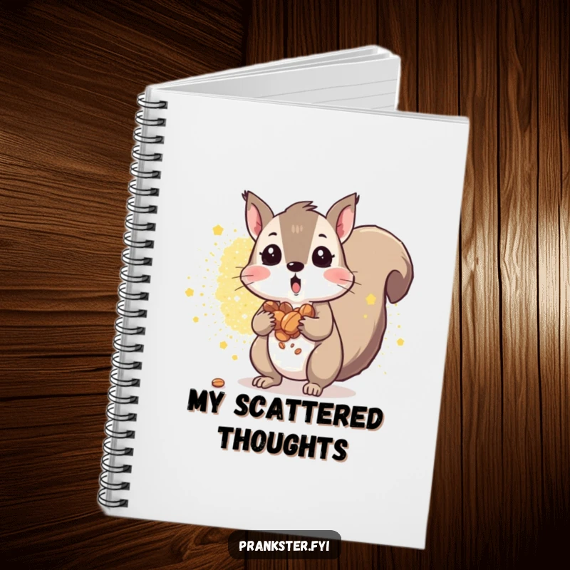 Funny squirrel notebook with a surprised squirrel spilling nuts with glitter explosion. Ideal for ideas. Fun gift.