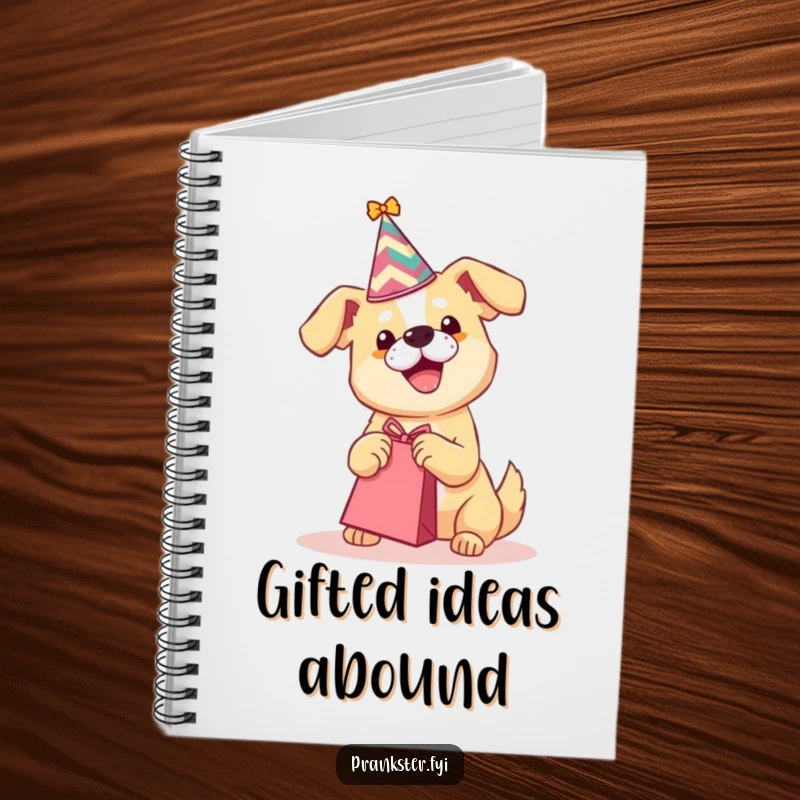 Funny notebook cover with a party dog shaking a gift bag, symbolizing fun ideas and celebratory notes.