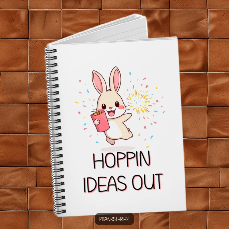 Funny notebook cover with a cheerful rabbit hopping away from an exploding confetti popper, symbolizing fun ideas.