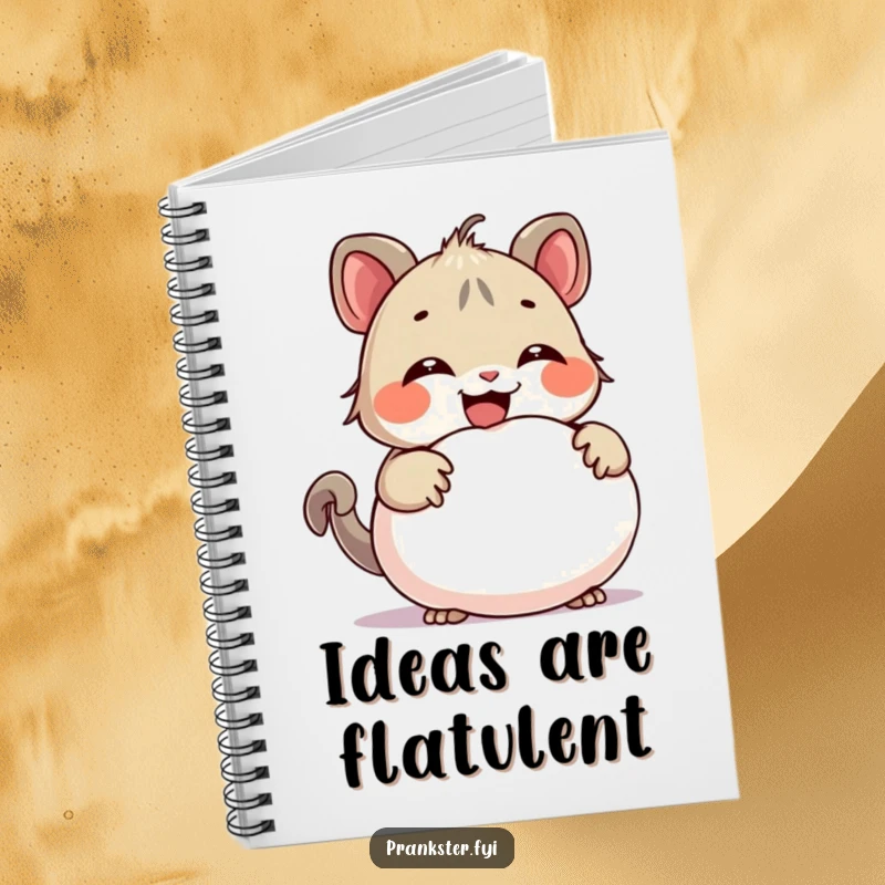 Funny notebook with a giggling creature hiding a whoopee cushion, ideal for jotting down jokes, prank ideas, and humorous observations.