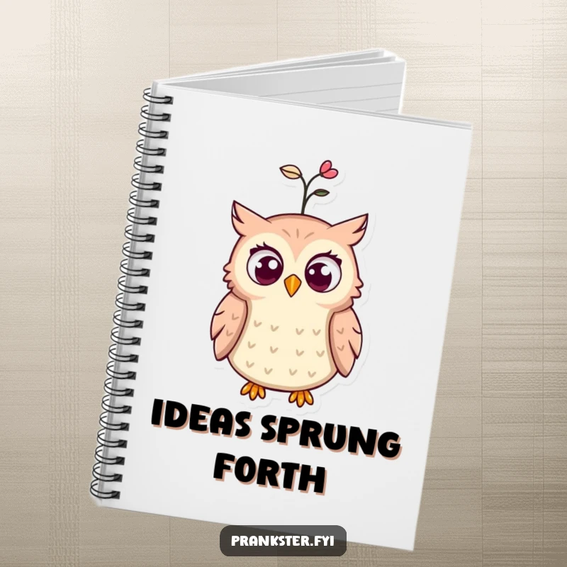 Funny notebook cover with a startled owl, eyes wide, and a spring popping from its hat, providing a humorous place for notes.