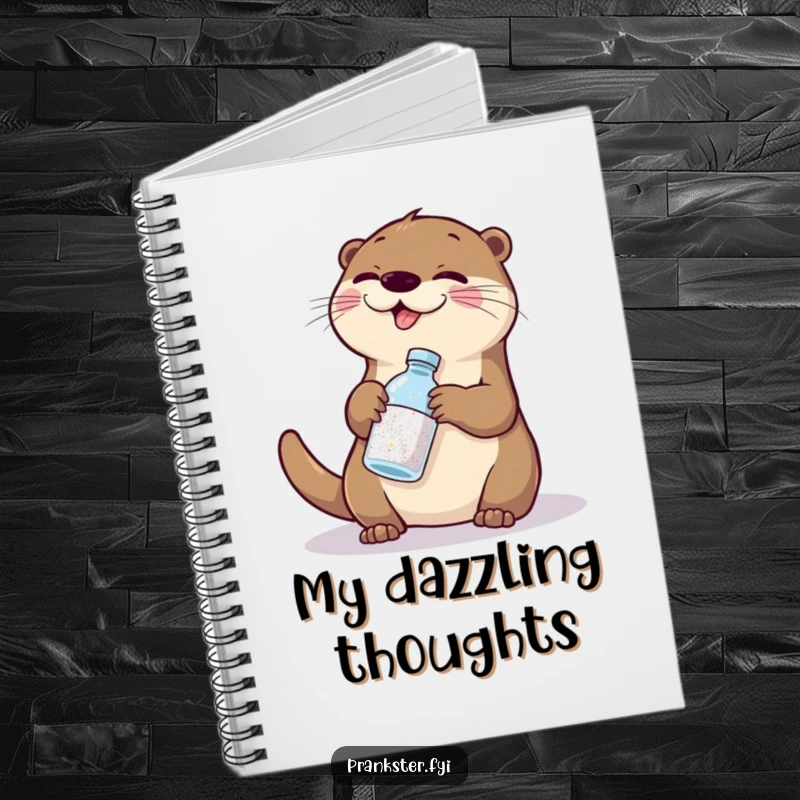 Funny otter mischief notebook, showing a giggling otter swapping glitter for water, for jotting down playful ideas.