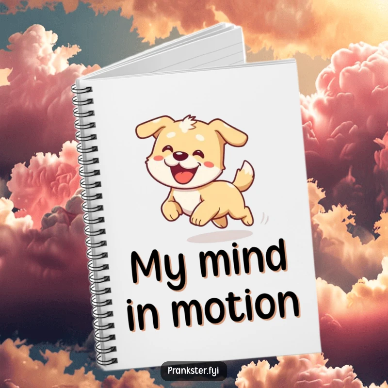 Funny notebook with a cartoon dog looking comically dizzy while chasing its own tail, spiral bound.