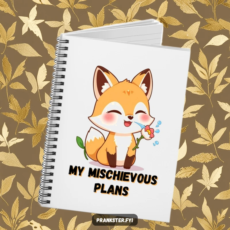 Funny fox notebook with a giggling character winking and squirting water from a flower, for jotting playful ideas.