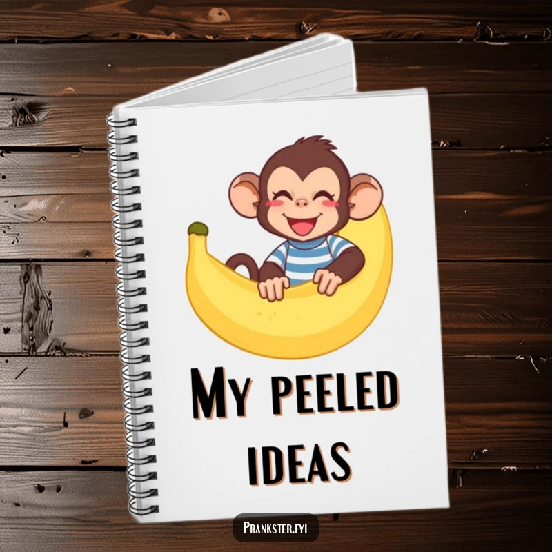 Funny monkey notebook with a giggling monkey hiding behind a large banana peel, great for notes.