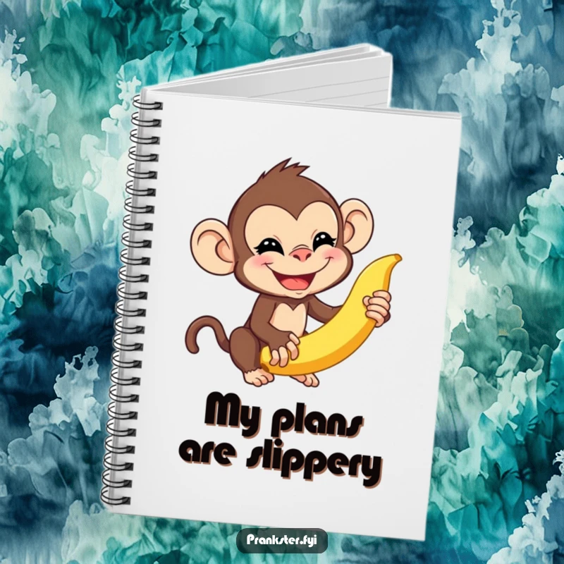 Funny monkey notebook cover featuring a mischievous monkey about to flick a banana peel, symbolizing playfulness and cheeky note-taking.