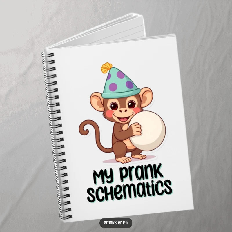 Funny monkey wearing a silly hat, holding a whoopee cushion behind its back, inspiring notes and pranks in a funny notebook.
